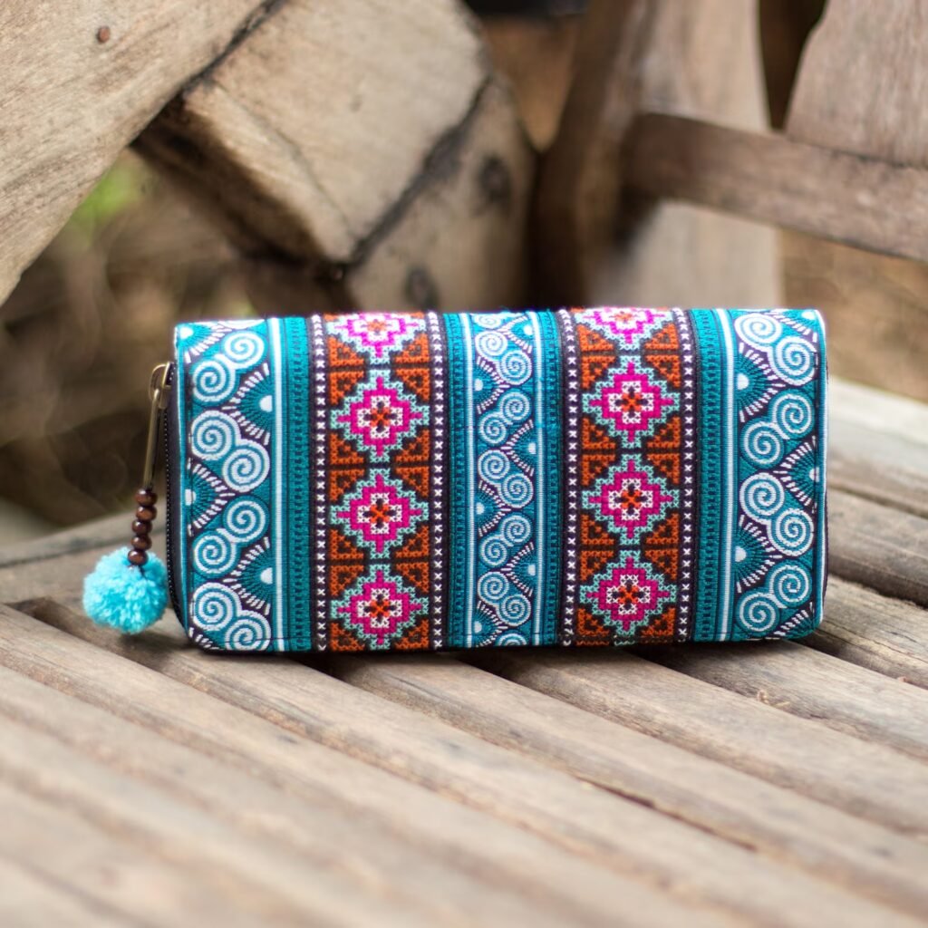 Handmade Blue Clutch Wallet for Women - Embroidered with Pom Pom Zip Pull - QUINCODE